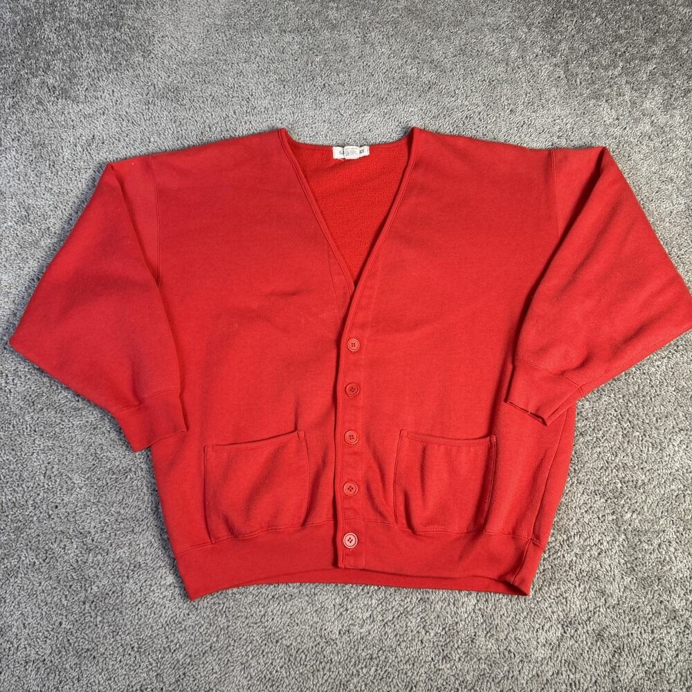 Vintage 80s GAP Sweater Mens XL Red V-Neck Cardigan Fleece Pockets Button